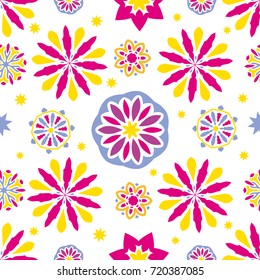 Seamless tiling vector texture with abstract colorful pink, orange, and blue  flowers and stars.Great for wrapping paper, backgrounds or fabric. Great for wallpaper, pattern fill, web page background.
