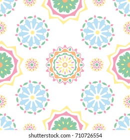 Seamless tiling  vector texture with colorful mandalas. Great for wrapping paper, backgrounds or fabric.Can also be used for wallpaper, pattern fill, web page background.