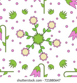 Seamless tiling vector texture with colorful flowers, grass and dots over white background.Great for wrapping paper, backgrounds or fabric and for wallpaper, pattern fill, web page background.