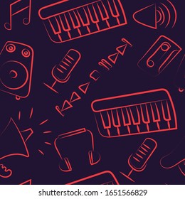 A seamless tillable background pattern of vector illustration of various musical instruments and icons 