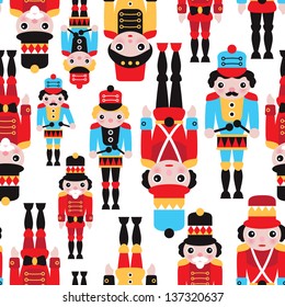 Seamless tin soldiers and nutcracker vintage toys illustration background pattern in vector