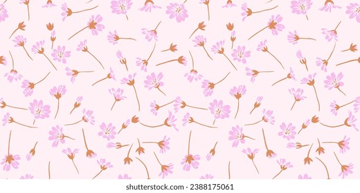 Seamless tiny abstract flowers pattern on a gently pink background. Vector hand drawn sketch. Template for design, fabric, interior decor, textile, fabric, wallpaper