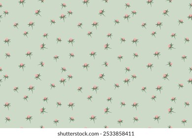  Patrón floral pequeño sin fisuras con capullos de rosa lindos abstractos sobre un fondo verde mina. Vector dibujado a mano boceto ditsy impresión de flores. Ornamento minimalista para diseños de superficie, textiles para niños, cubierta