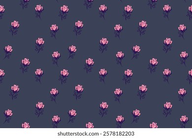 Seamless tiny floral pattern with abstract cute rose. Vector hand drawn sketch ditsy flowers print. Minimalist ornament for cover, fabric, surface designs, children textiles, 