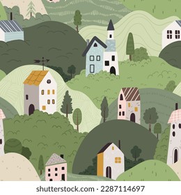 Seamless tiny houses and hills vector pattern. Background with little scandi homes, trees, fields. Repeatable textile print, cottages in Scandinavian style. Texture with nature flat illustration