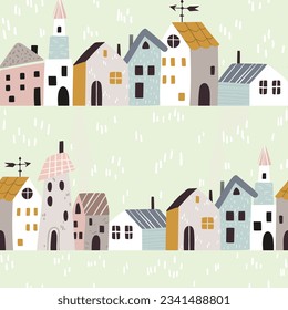 Seamless tiny houses and hills vector pattern. Background with little scandi homes, trees, fields. Repeatable textile print of cottages in Scandinavian style. Texture with nature flat pattern