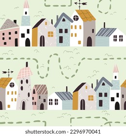 Seamless tiny houses vector pattern. Background with little scandi homes, trees, fields. Repeatable textile print of cottages in Scandinavian style. Texture of outdoor nature flat illustration