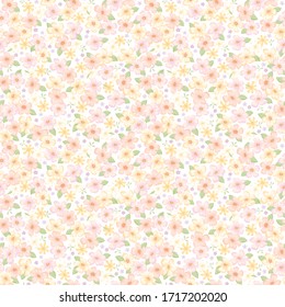 Seamless Tiny Light Pink Flower, Light Peach Flower, Light Yellow Flower Pattern With White Background