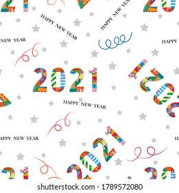 Seamless tiny paper cut happy new year 2021 with geometric shape pattern, swirled and star on white background,Cute element designs pattern for New year or Christmas wrapping paper background.