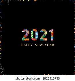 Seamless tiny paper cut with happy new year 2021 and geometric shape pattern, swirled and star on black background,Element designs pattern for New year or Christmas wrapping paper.