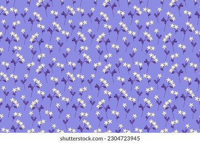 Seamless tiny white flower with dark leaf and branch on modern blue background. Vector Illustration. Seamless pattern design for cards, invitation, fabric, leaflet, ads, etc.