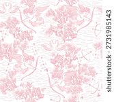 Seamless Toile de Jouy pattern with vintage cupids, bows, and elegant swans in pastel pink