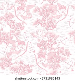 Seamless Toile de Jouy pattern with vintage cupids, bows, and elegant swans in pastel pink