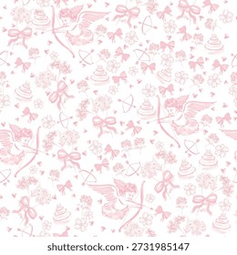 Patrón Seamless Toile de Jouy con cupidos vintage, lazos en rosa pastel