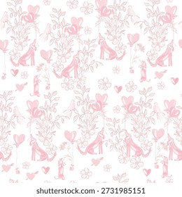 Seamless Toile de Jouy pattern with cute dogs, heart balloons and flowers in pastel pink