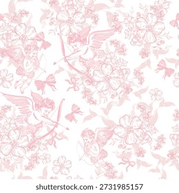 Seamless Toile de Jouy pattern with vintage cupids, bows, and elegant swans in pastel pink