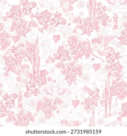 Seamless Toile de Jouy pattern with vintage cupids, bows, and elegant swans in pastel pink