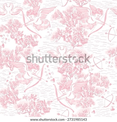 Seamless Toile de Jouy pattern with vintage cupids, bows, and elegant swans in pastel pink