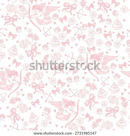 Seamless Toile de Jouy pattern with vintage cupids, bows  in pastel pink