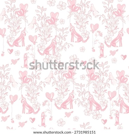 Seamless Toile de Jouy pattern with cute dogs, heart balloons and flowers in pastel pink