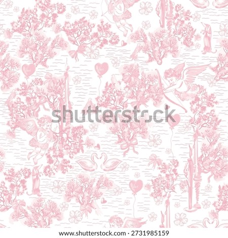 Seamless Toile de Jouy pattern with vintage cupids, bows, and elegant swans in pastel pink