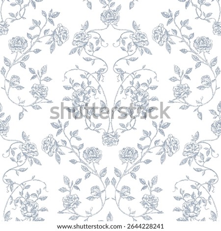 Seamless toile-style pattern with vintage roses and delicate blue vines on  white background.