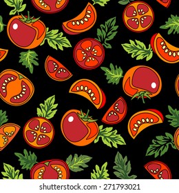 Seamless tomato pattern. Food design element. Kitchen wallpaper. Vegetable background. Tomato and herb.