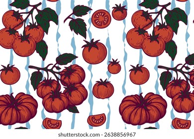 Seamless tomato pattern with hand drawn red tomatoes, green leaves, and light blue wavy stripes on a white background. Vibrant and fresh, ideal for kitchen or garden themed designs. Vector