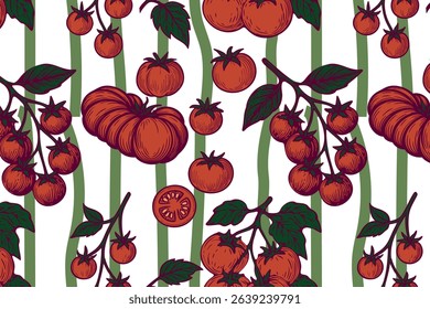 Seamless tomato pattern with hand drawn red tomatoes, green leaves, and wavy green stripes on a white background. Fresh, organic, and perfect for kitchen or garden themed designs. Vector illustration