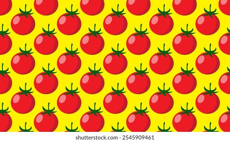 Seamless tomato pattern with natural elements isolated on yellow background. Fruits vegetables wallpaper.