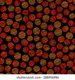Seamless tomato pattern. Repeating background with scratched tomatoes. Endless red and orange tomatoes texture. Summer harvest background. Vegan texture. Vegetable template. Vegetarian backdrop.