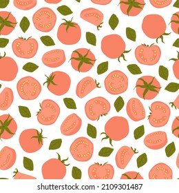 Seamless tomatoes pattern in flat style. Vector doodle red tomato with basil leaves. Hand drawn vegetables pattern design for fabric or wrapping paper.