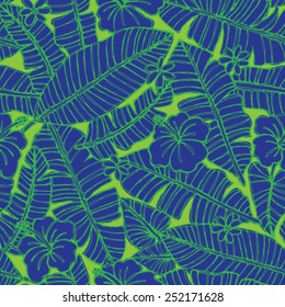Seamless tonal tropical jungle pattern with banana leaves and hibiscus flowers. Vector illustration.