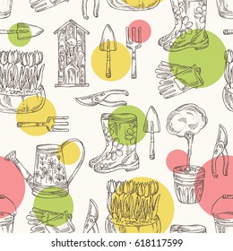 Seamless with tools for garden care: watering can, gloves, birdhouse, boots, scapula, flowers and a tree in a flowerpot. hand drawn.