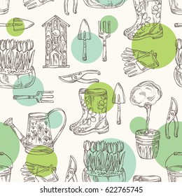 Seamless with tools for garden care: watering can, gloves, birdhouse, boots, scapula, flowers and a tree in a flowerpot. hand drawn