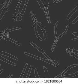 Seamless Tools pattern. Pliers, pump, long-nose, flush cutter, cutting, insulated, electronic. Vector illustration. Equipment shop decoration. Black and white colors. Paper, textile design.Workshop.