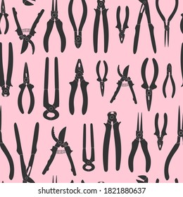 Seamless Tools pattern. Pliers, pump, long-nose, flush cutter, cutting, insulated, electronic. Vector illustration. Equipment shop decoration. Paper, textile design. Gray and pink colors.