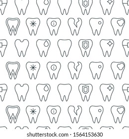 Seamless of tooth icons. Vector outline pattern of the dentist, clean, protect, treat, oral.