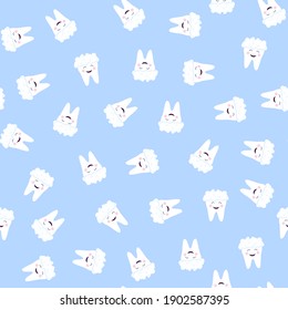 el patrón de dientes sin costura toma una ducha. Un diente lindo y feliz. Un diente en la espuma de la pasta dental Patrón para papel de revestimiento textil de papel tapiz. Ilustración vectorial en el estilo plano.