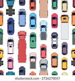 Seamless top view pattern of cars and trucks. Road transport from above. Vector illustration
