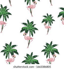 Palma tópica sin incandescencias con estampado flamingo. Diseño de patrones flamencos. diseño de palmeras