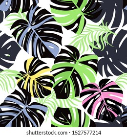 Seamless topical pattern. Jungle vector background with flowers and palm leaves.