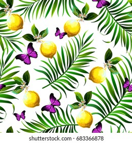 Seamless topical vector pattern with palm leaves, lemons and butterfly. Botanical illustration for print design.