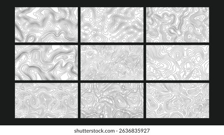 Seamless topographic contour map lines background. Black and white elevation lines design ideal for backgrounds, maps, posters, packaging, and science themed graphics.