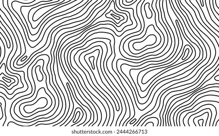 Seamless topographic map texture. Line topography map contour background, geographic grid. Mountain hiking trail over terrain.