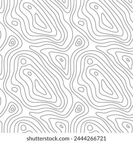 Seamless topographic map texture. Line topography map contour background, geographic grid. Mountain hiking trail over terrain.