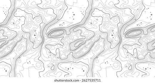 Padrão de topografia uniforme de textura de linhas de mapa. Vetor topográfico de montanha abstrato de contorno. Grade geográfica de madeira do terreno topográfico com contornos de latitude e ondulados.