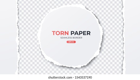 Seamless torn ripped paper layered isolated. Round paper scrap. White color. Transparent background. Realistic template. Simple modern design. Flat style vector illustration.