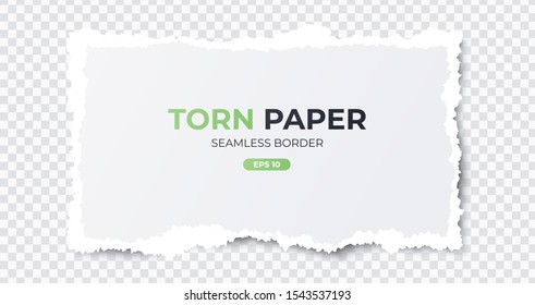 Seamless torn ripped paper layered isolated. Rectangular paper scrap. White color. Transparent background. Realistic template. Simple modern design. Flat style vector illustration.