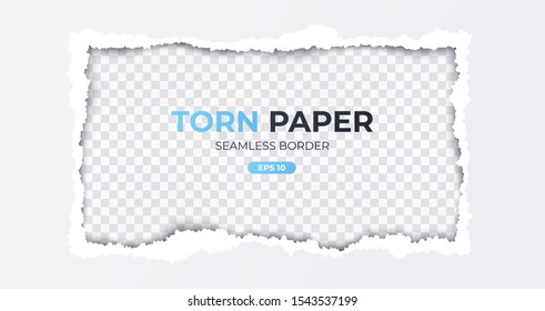 Seamless torn ripped paper layered isolated. Rectangular paper scrap. White color. Transparent background. Realistic template. Simple modern design. Flat style vector illustration.